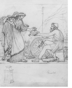 Anacreon receiving a Silver Vase from two standing Figures, with a study of a stele: An Illustration to Anacreon's Ode XVII with inscription 'Girodet' (black chalk on paper)