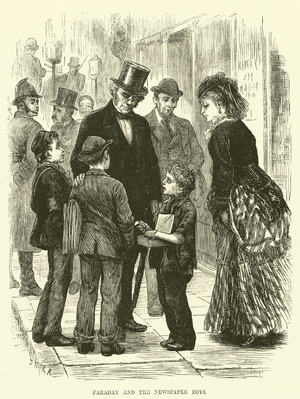 Faraday and the newspaper boys (engraving)