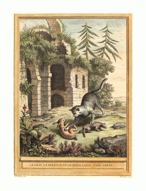 Martin Marvie after Jean-Baptiste Oudry (French, 1713 - 1813 ), Le Chat, La Balette Et Le Petit Lapin (the Cat, the Weasel, and the Rabbit), Published 1756, Hand-Colored Etching, Gift of Mr. And Mrs. George W. Ware
