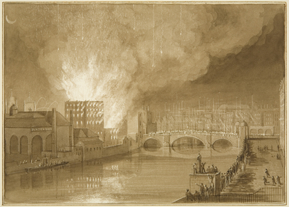 Fire at the Old Sugar House, Tucker Street, 1826, 1827 (pencil & watercolour on paper)