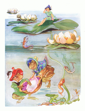 There was nothing but water on all sides of the large green leaf, from Tiny Thumbalina published by Edmund Ward, c.1940 (colour litho)