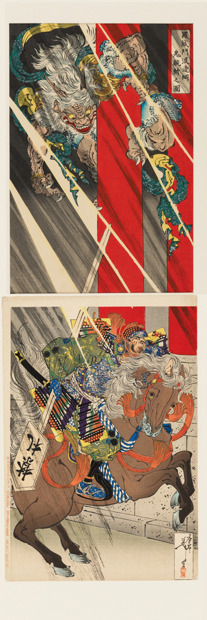 Watanabe no Tsuna cutting off the demon's arm at the Rashōmon Gate, 1887 (woodcut)
