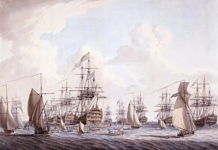 The Review of the Fleet, June 1773: His Majesty saluted by the Fleet at his arrival on board Barfleur at Spithead, 1777 (pencil, pen & ink & watercolour on paper)