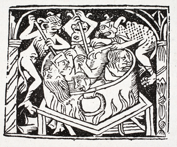 Fifth: Lazarus describes what he's seen in hell - cauldrons of boiling oil, melted metal, where the greedy were plunged to be cleansed from their greed (litho)