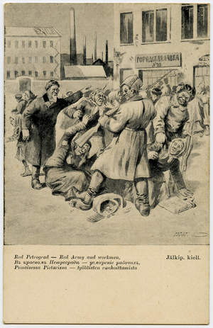 Anti-Bolshevik Propaganda Postcard depicting Red Army Soldiers Suppressing a Group of Starving Workers, c.1919