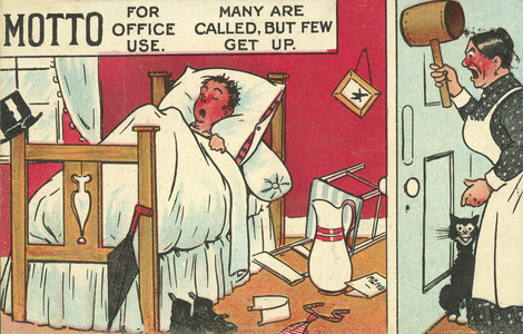 Bad tenant: landlady of a boarding house angry with her lazy, messy lodger (chromolitho)