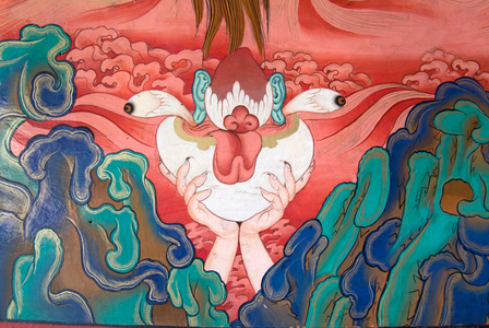 'Offering of the five senses' to the wrathful deities, detail of a mural at Likkir gompa, Ladakh, India (photo)