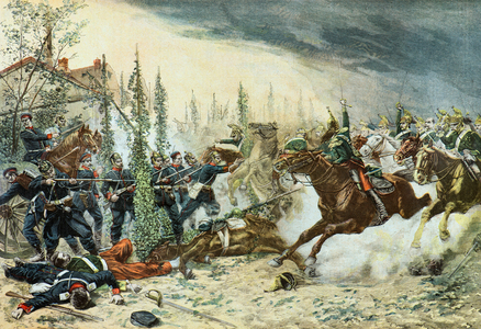 French dragons charging at the battle of Gravelotte, 1870 (Engraving)