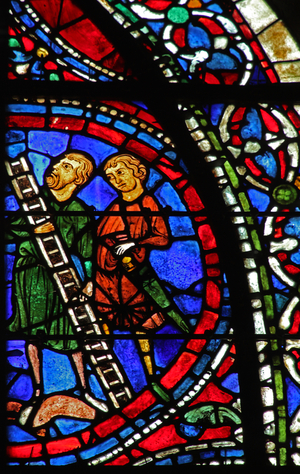 men with a ladder at the Crucifixion (w37) (stained glass)