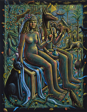 ANUBIS AND THE BRIDE, 2018 (tinted gesso on canvas & wood)