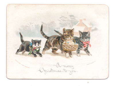 A Victorian Christmas card of two cats and a kitten carrying holly and a basket with bread in their mouths, c.1880 (colour litho)