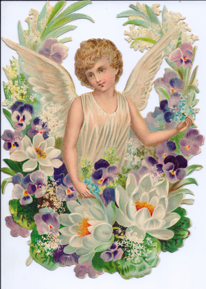 A Victorian Paper Scrap Relief of an angel in a circle of flowers, c.1880 (colour litho)