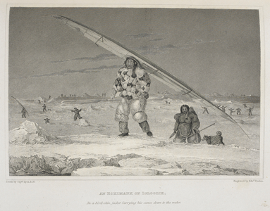 An Eskimaux of Igloolix in a bird-skin jacket carrying his canoe down to the water