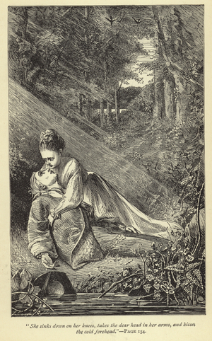 She sinks down on her knees, takes the dear head in her arms, and kisses the cold forehead (engraving)