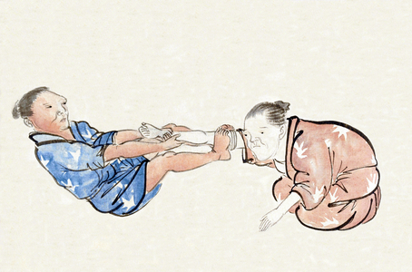 Japan: A chiropractor at work on a patient. Detail from an <i>emaki</i> horizontal scroll, Shijo school, Kyoto, late 18th - early 19th century