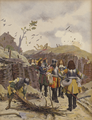 King Louis XIV visiting the trenches of Lille (colour litho)