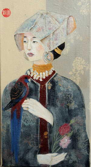 Chinese Lady with Bonnet and Rosella,2015,(acrylic on canvas) detail