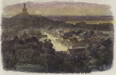 View of the gardens and the buddhist temple in the Imperial City (coloured engraving)