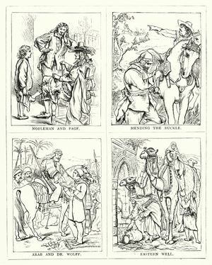 Nobleman and Page, Mending the buckle, Arab and Dr. Wolff, Eastern well (engraving)