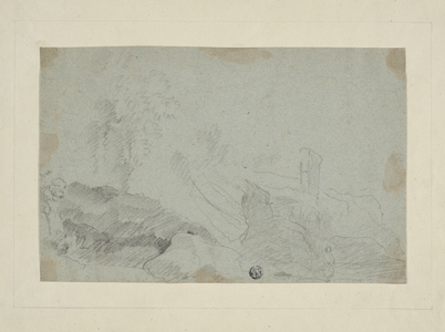 Rocky Landscape with Standing Figure (charcoal on blue laid paper, tipped onto cream wove paper)