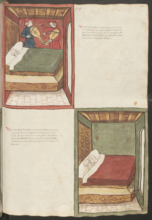 Full page: text and miniatures: " Uno che non po dormire " - insomniac in a bed, with two men playing violins to help him sleep (miniature)