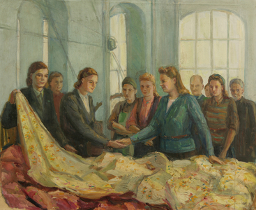 Workers at the Textile Manufacture Tryokhgorka in Moscow, 1950s (oil on card)