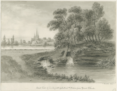 Lichfield Cathedral - East View: sepia drawing, 1844 (drawing)