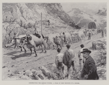 Constructing the Simplon Tunnel, a Team of Oxen bringing up a Boiler (litho)