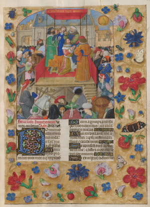David crowned King of Israel.
The Psalter. Saul anointing David and the coronation of David as King of Israel. Psalm 26, beginning with decorated initial 'D'. Borders of trompe l'oeil decoration with flowers and insects.