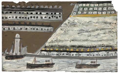 Ships and Lighthouse, Houses, c.1855-1942 (pencil & oil on paper)