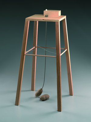 Potato Machine, or Apparatus Whereby One Potato Can Orbit Another, 1969 (wooden frame, battery-driven electric motor, rubber band, wire & two replaceable potatoes)
