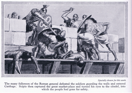 The siege of Carthage 146 BC. Roman soldiers entering Carthage , c.1950 (litho)