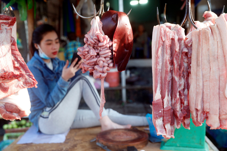 Morning market in Duong Dong town, Young woman selling fresh pork meat, Phu Quoc, Vietnam (photo)