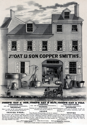 Joseph Oat & Son, coppersmiths, No. 12 Quarry Street Philadelphia, printed by Thomas S. Sinclair (c.1805-81), August 1847 (litho tinted with one stone)


