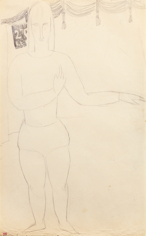 Figure of a Clown on Parade, on a Background of Tasseled Drapery (pencil on paper)