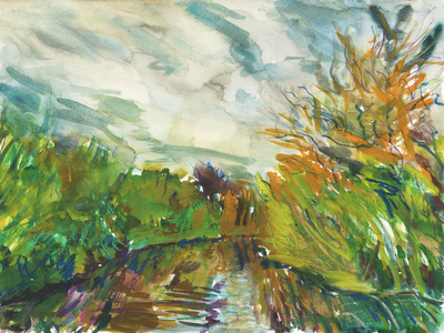 Peg's Pond, Richmond Park, 2018 (watercolour, watercolour pencil, and oil pastel on paper)