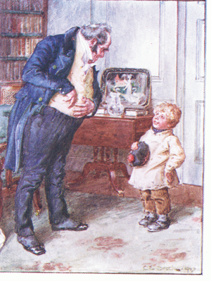 "How are your inclinations as to sixpence" , illustration from'Dr Marigold's Prescription', 1910 (colour litho)