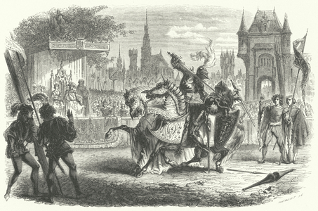 Murder of William II, Count of Flanders, at a tournament in Trazegnies, Hainaut, 1251 (engraving)