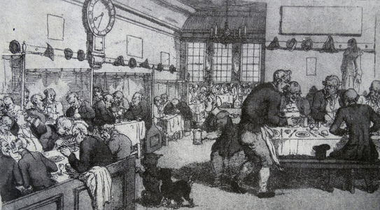 Lloyd's Coffee House, Lombard Street, London.  Here businessmen and people seeking 'insurance' met.  This was the beginning of Lloyds insurance.