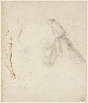 Recto: Back view of a standing man, after Signorelli; the drapery of a kneeling figure, WA1846.145 (pen & brown ink with grey-black chalk on white paper)