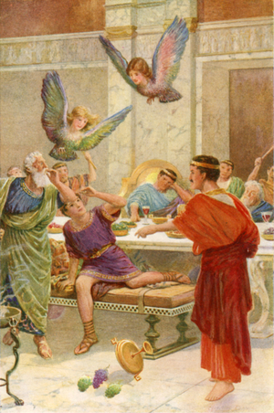 "Down came two fearful monsters, the like of whom man never saw" (colour litho)