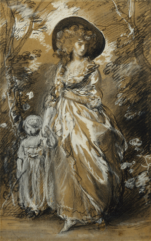 A Lady Walking in a Garden, standing full length and Holding her Small Child by the Hand; Possibly a Study for The Richmond Water-Walk, (black chalk and stump, heightened with white (partly in oil pain)