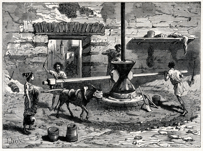 Food and beverage. Bread cooking in the Ancient Rome: flour grinding. Engraving in: Grands hommes et grands faits de l'industrie, France, c.1880 (engraving)