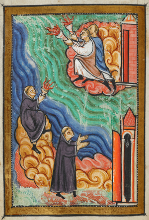 Miniature of monks at Cuthbert's hermitage signalling with torches to the monks of Lindisfarne that Cuthbert is dead, from Chapter 40 of Bede's prose Life of St Cuthbert.