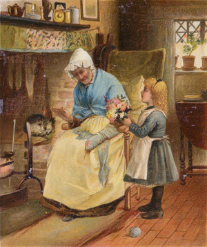 Girl taking flowers to her granny on her birthday (chromolitho)