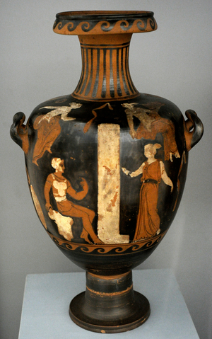 Hydria with red figure depicting a woman between a white stela, from Cumae, c.340-330 BC