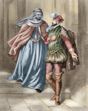 Antonio Perez evasion from prison the evening April 19, 1590 dressed in the costume of his wife. Colored engraving.