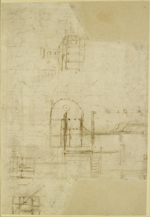 Verso: Various roughly sketched ground plans, WA1846.215 (pen & brown ink with brown wash on off-white paper over geometrical indications in stylus)