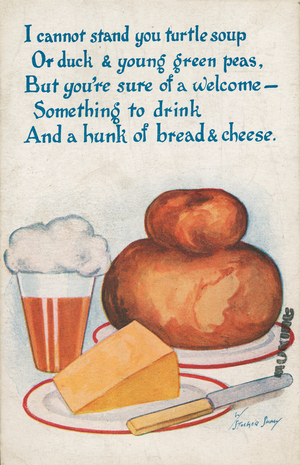 Bread, cheese and beer (colour litho)