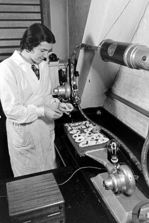 At the laboratories of the technical centre for tinned food at Magdeburg, Germany 1930s (b/w photo)